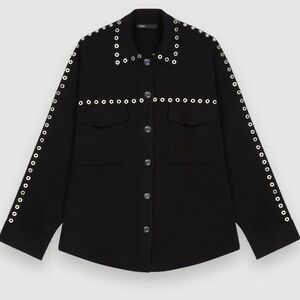 Maje Knit Overshirt with Eyelets Black and Silver Cardigan with Studded Grommets